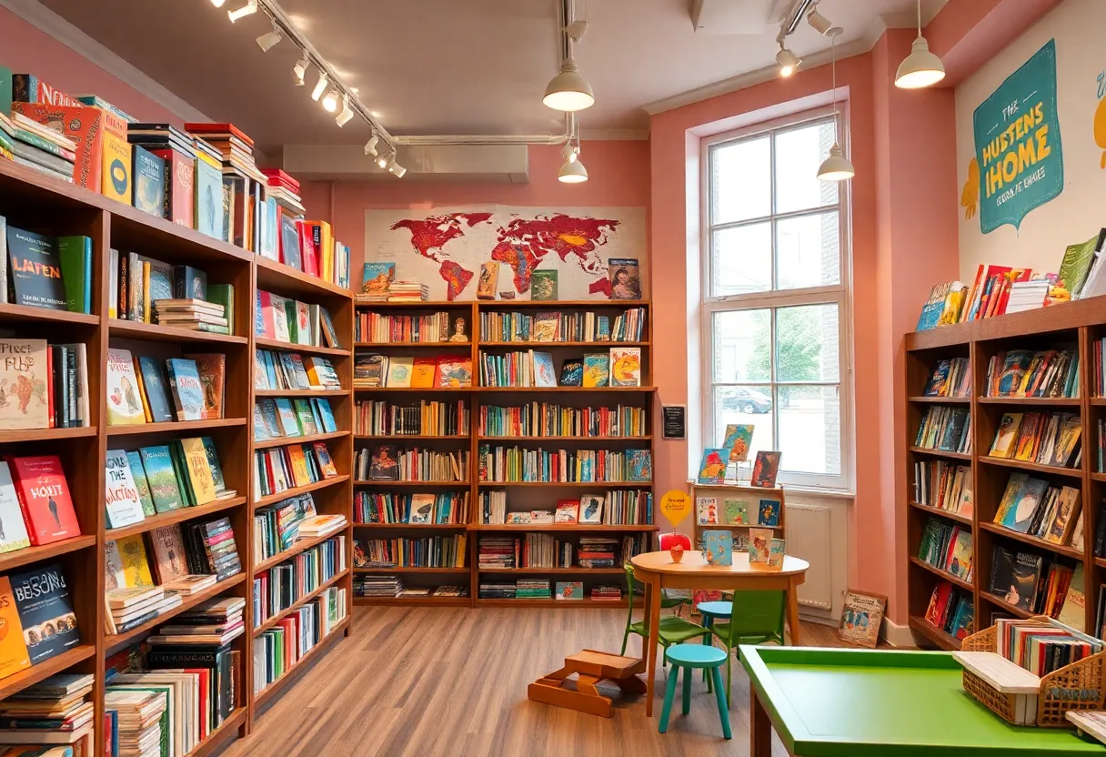Interior of Book Nerd bookstore with books and children's play area