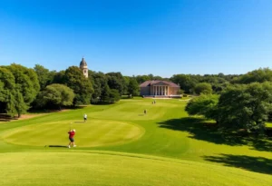 Golfers playing at Brackenridge Park during a charity tournament for youth sports.
