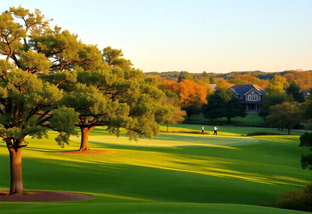 Golfers playing at Brackenridge Park Golf Course surrounded by autumn foliage.