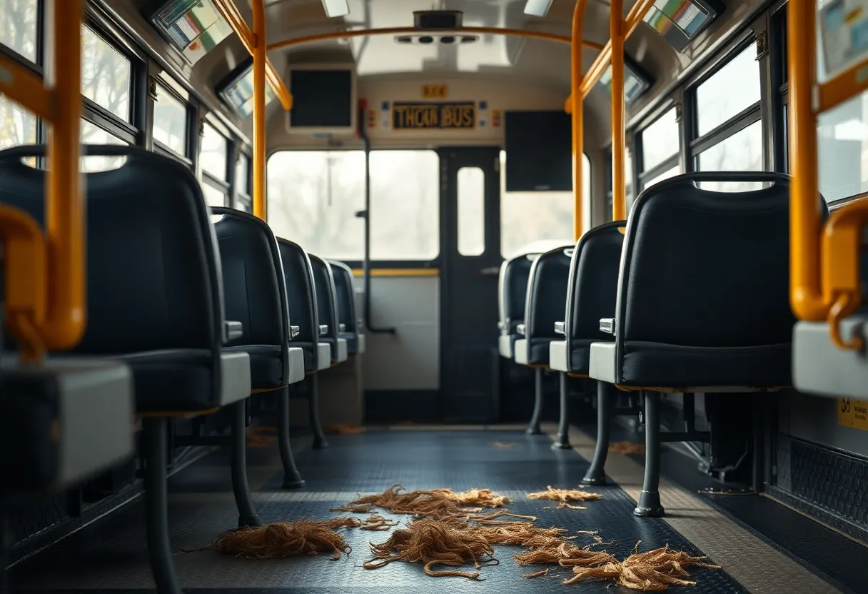 Interior of a school bus with a focus on empty seats and hair clippings on the floor.