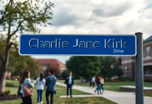 Mockup of a road sign for Charlie Kirk Drive on a university campus