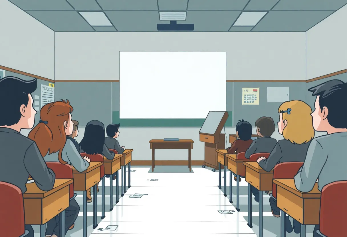 Classroom setup with educational materials showing tension in the air.