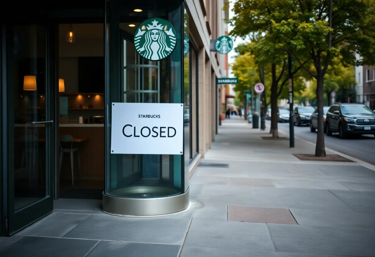 Closed Starbucks store with a sign indicating closure