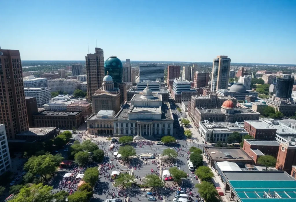 Aerial view of a crowded downtown San Antonio during events