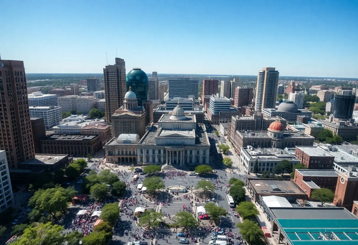 Aerial view of a crowded downtown San Antonio during events