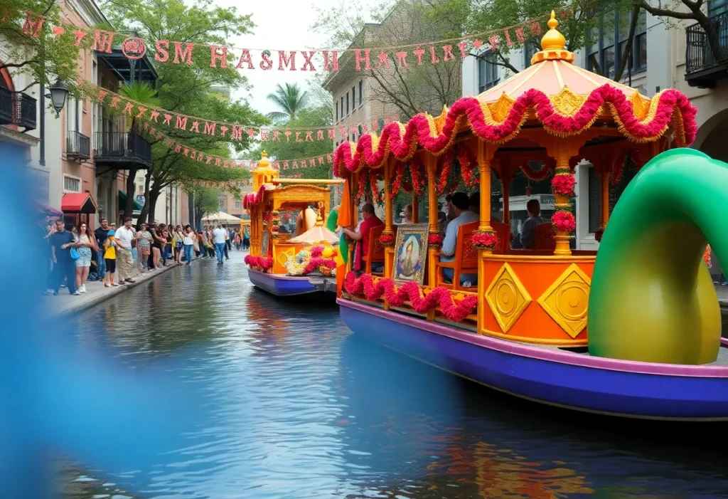Colorful floats at the Day of the Dead Parade along the San Antonio River Walk