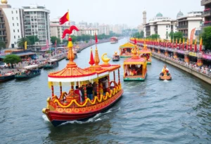 Colorful floats at the Day of the Dead River Parade in San Antonio