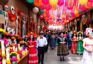 Colorful Día de los Muertos celebration with altars and participants