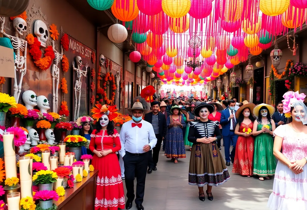 Colorful Día de los Muertos celebration with altars and participants