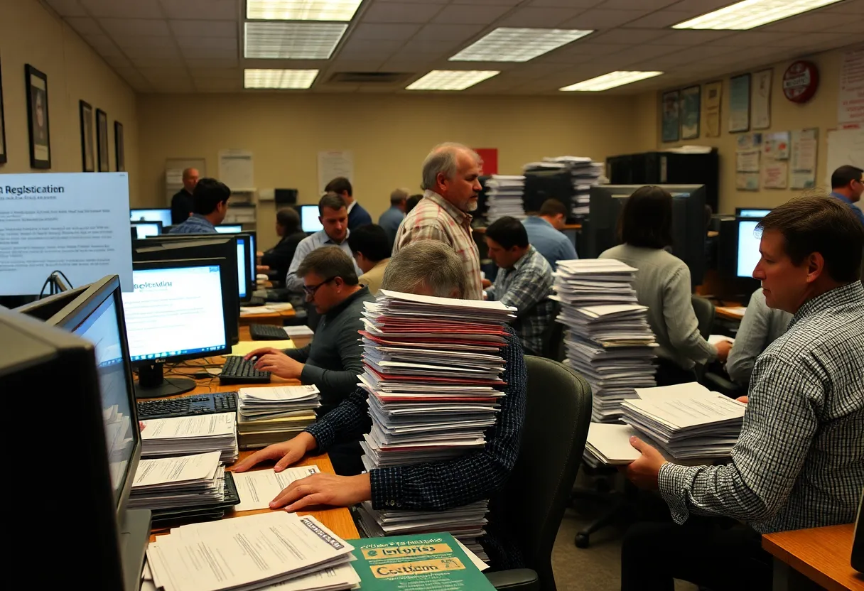 Election officials in an office managing voter registration challenges.