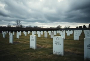 View of empty cemetery plots with uninstalled headstones.
