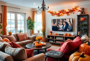 Cozy fall-themed living room setup with pumpkins and television.