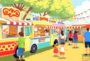 Colorful food trucks serving diverse cuisines at a festival