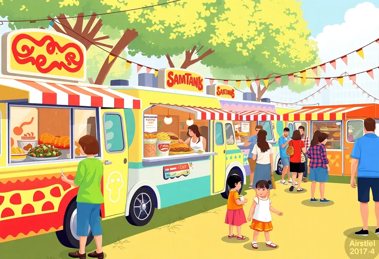 Colorful food trucks serving diverse cuisines at a festival