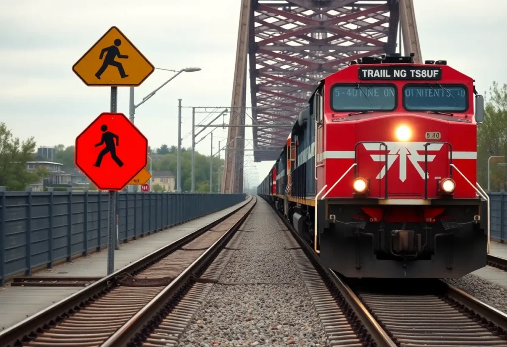Freight train near bridge warning signs