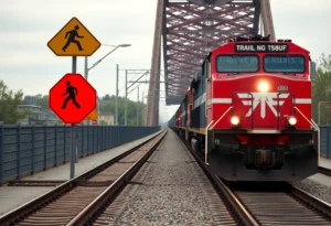 Freight train near bridge warning signs