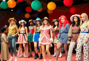 Models in vintage costumes at a fashion show during Muertos Fest