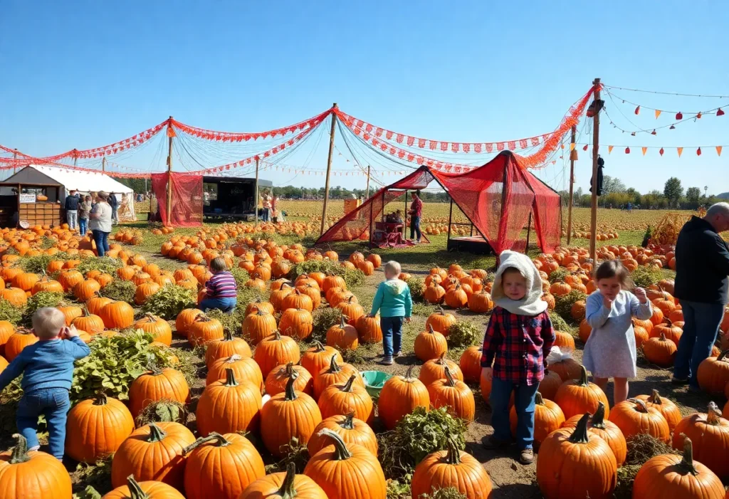 Families at a pumpkin patch in San Antonio during Halloween