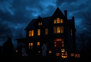 Eerie haunted house in San Antonio, decorated for Halloween.
