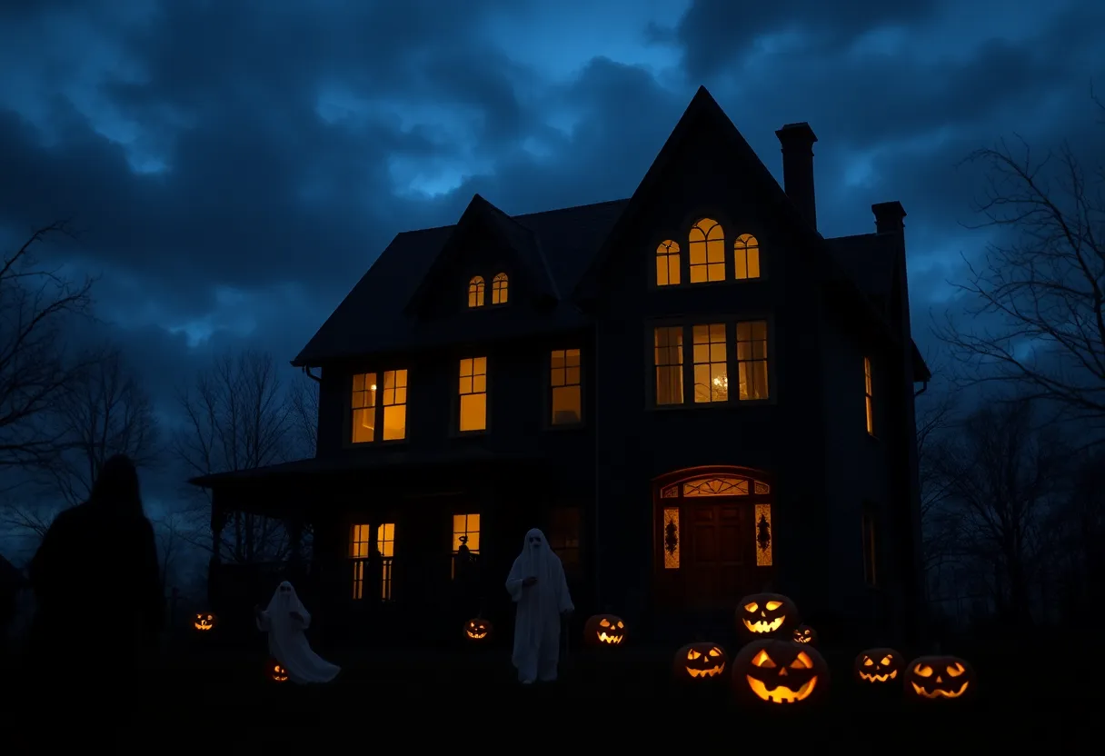 Eerie haunted house in San Antonio, decorated for Halloween.