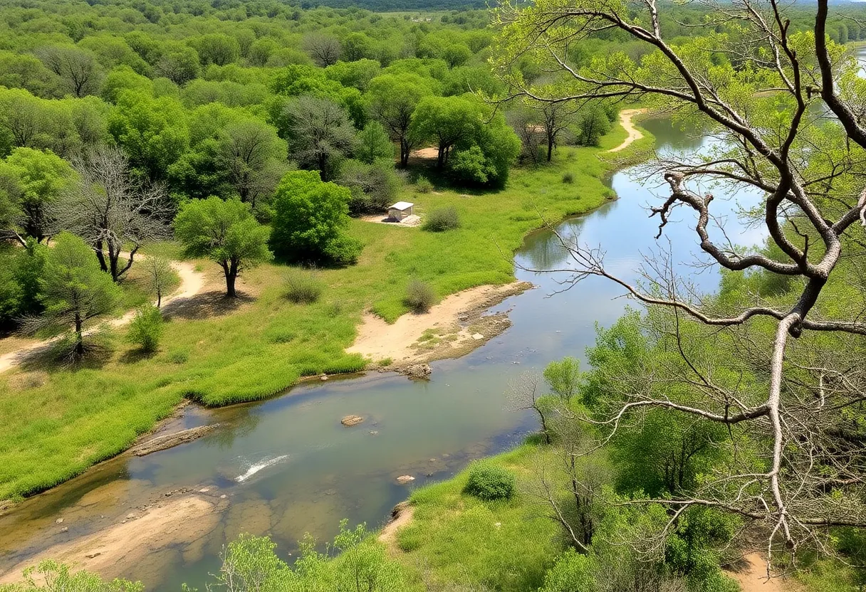 Scenic view of Helotes Creek watershed with natural surroundings and water reflection.