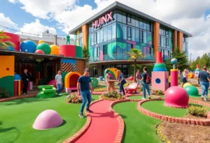 Visitors enjoying mini-golf at Holey Moley Golf Club in San Antonio