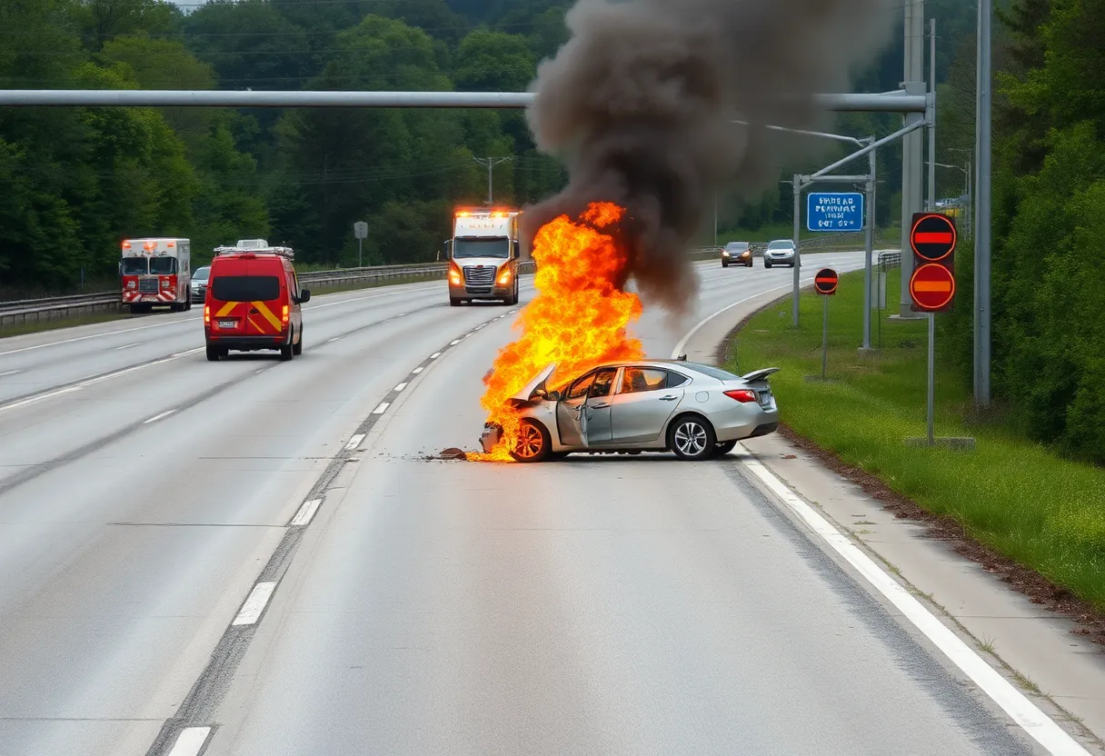 Interstate 10 scene showing aftermath of vehicle collision and fire with emergency response vehicles.