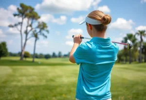 A young golfer practicing her swing on a golf course.