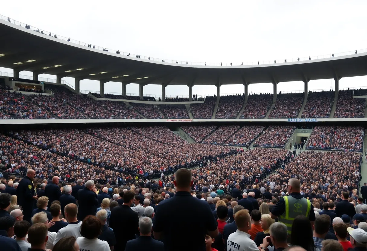 Security measures at a memorial service in a stadium