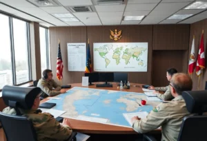 Interior of a military command center with maps and planning materials