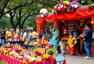 Vibrant celebration at Muertos Fest in San Antonio with altars and performers