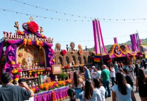 Crowd enjoying Muertos Fest with colorful altars