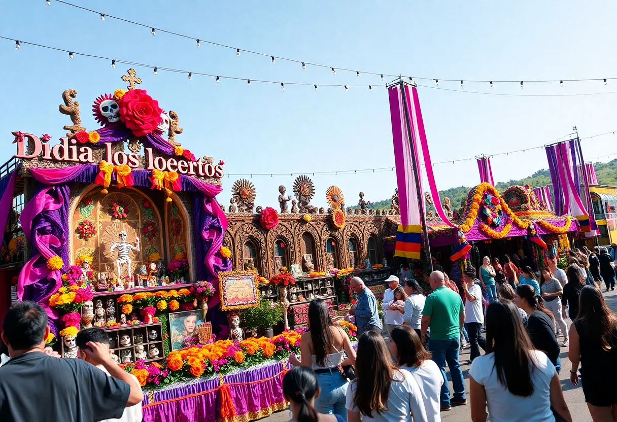 Crowd enjoying Muertos Fest with colorful altars