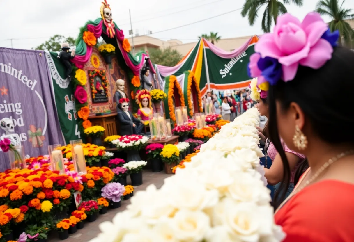Día de los Muertos festival with decorations and altars