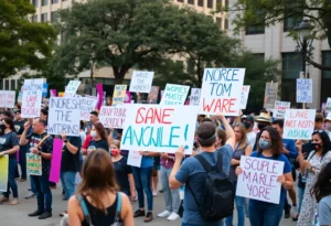 Demonstrators at No Kings protest in Austin holding colorful signs.