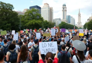 Participants holding signs at the No Kings protest in San Antonio