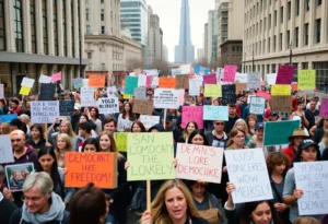 Crowd at the No Kings protest in San Antonio, holding signs.