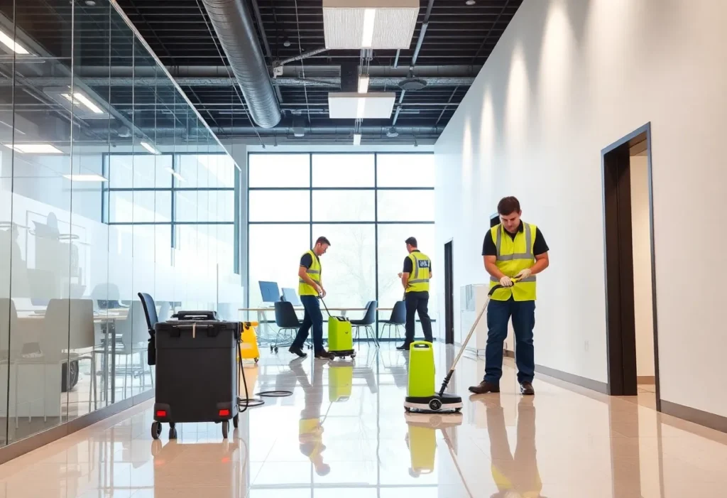 Office cleaning in progress by professional cleaners