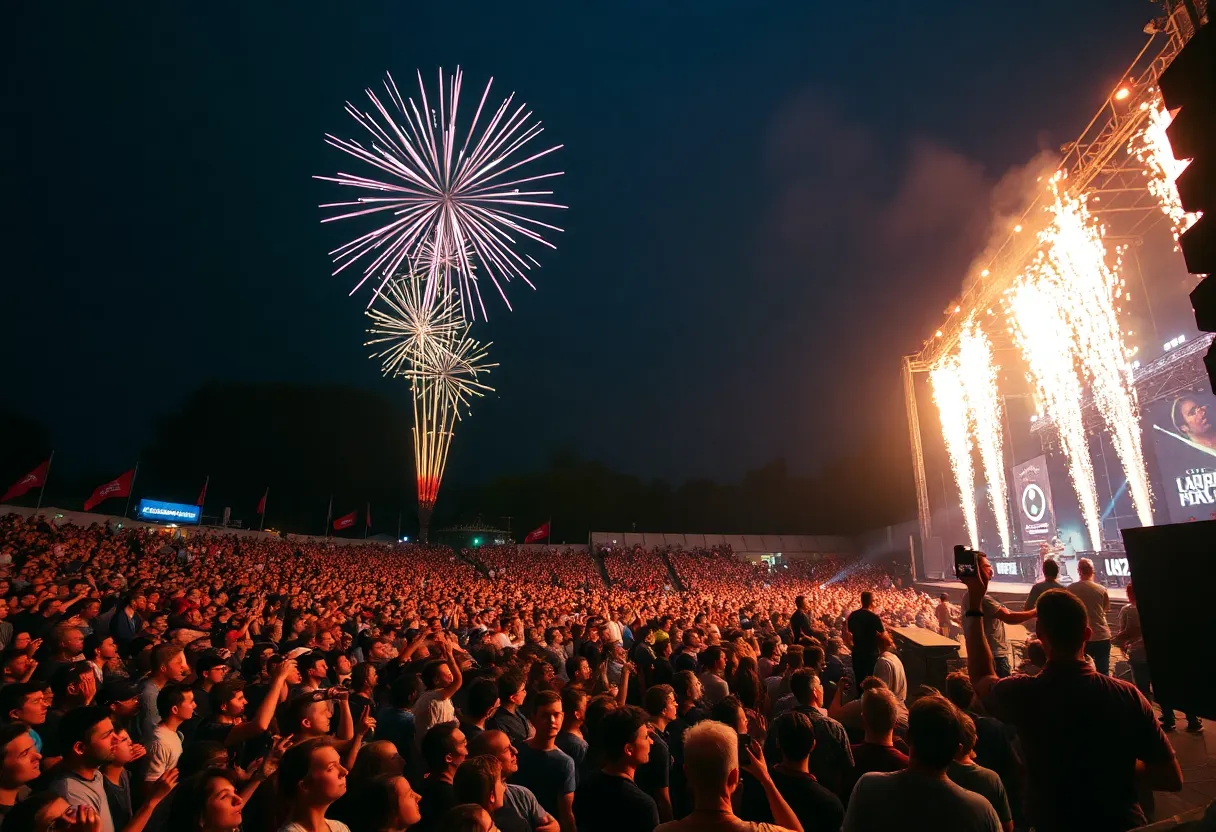 A live concert scene featuring musicians and a cheering crowd.