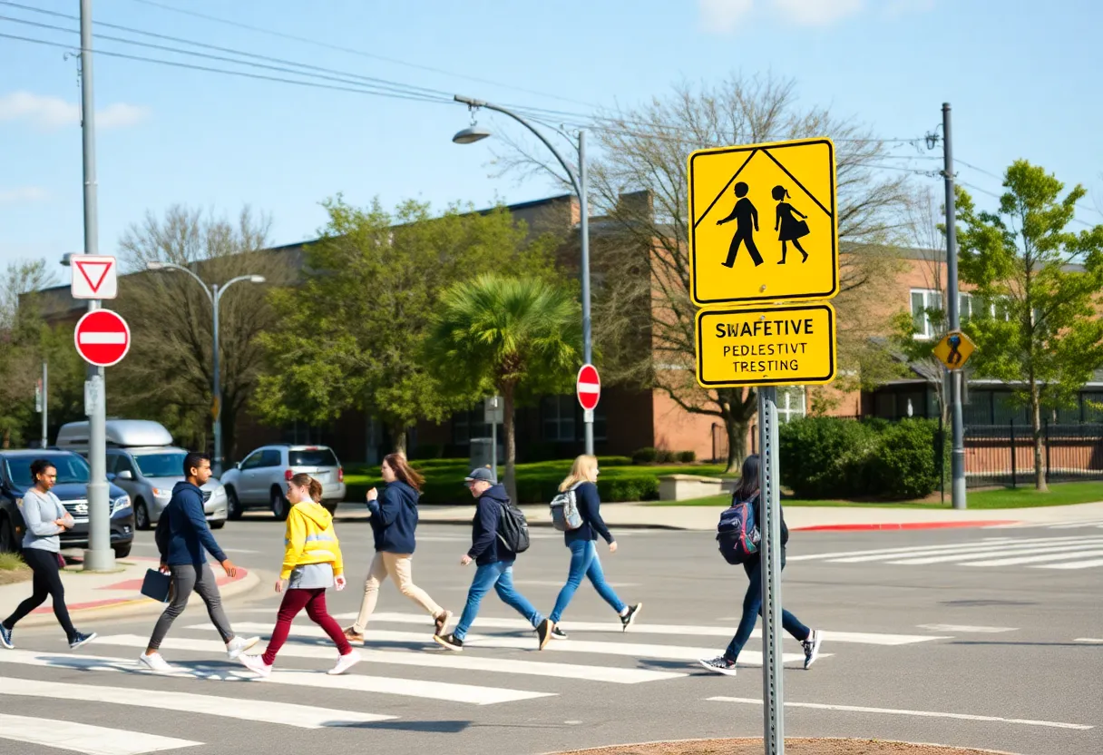 Students crossing a street safely near a school with pedestrian safety signs.