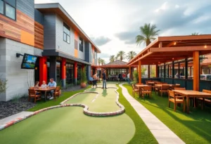 Family enjoying mini-golf at Popstroke venue in San Antonio