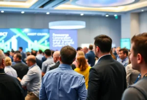 Attendees at POWERGEN 2026 conference discussing power generation and sustainable energy.