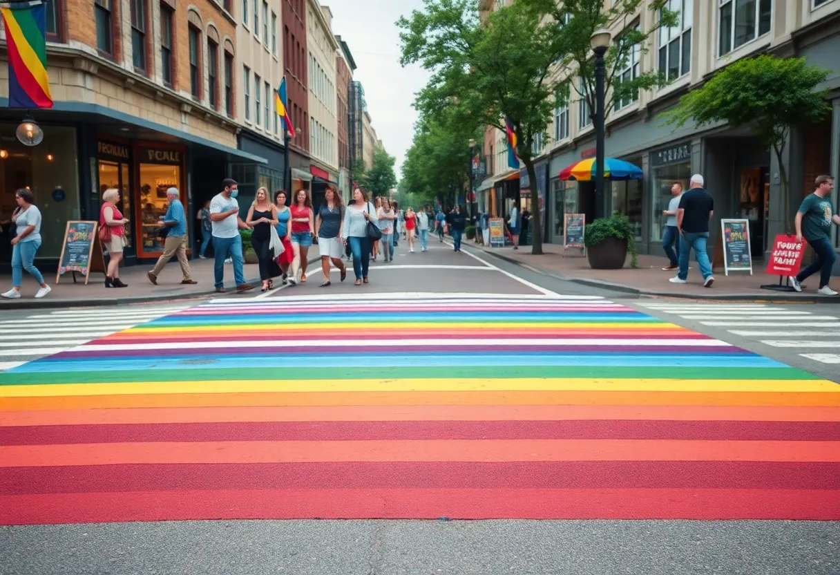 Rainbow crosswalk in an urban area of San Antonio, Texas.