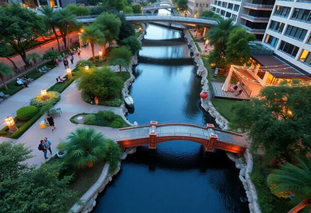 Overhead view of the revitalized River Walk with enhanced lighting and public art installations