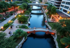 Overhead view of the revitalized River Walk with enhanced lighting and public art installations