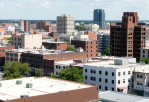 Urban landscape of San Antonio with vacant properties and redevelopment efforts