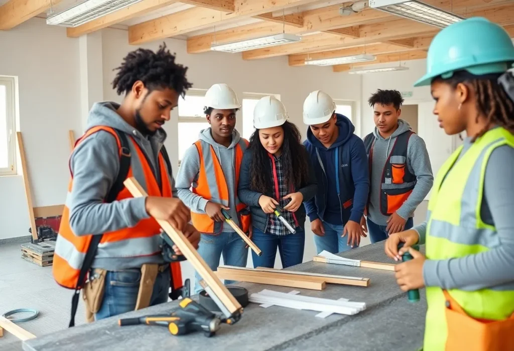 Students participating in roofing training program