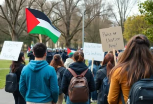 Students peacefully protesting for Palestine in a park