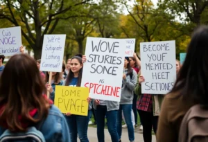 Students peacefully protesting in a park during the SAISD student walkout.