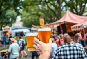Crowd enjoying the San Antonio Beer Festival with food trucks and beer tastings in Civic Park.